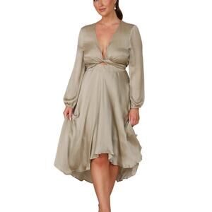 Billy J Starry Nights Olive Green Tie Front Midi Deep V Neck Long Sleeves Dress